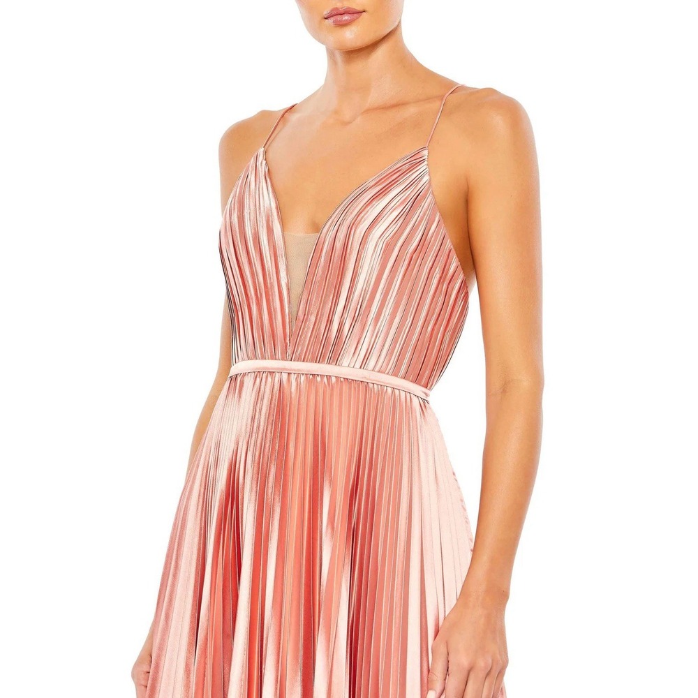 Ieena for MacDuggal Rose Gold Plunge Neck Sz 12 Pleated Ballgown $398 #49039